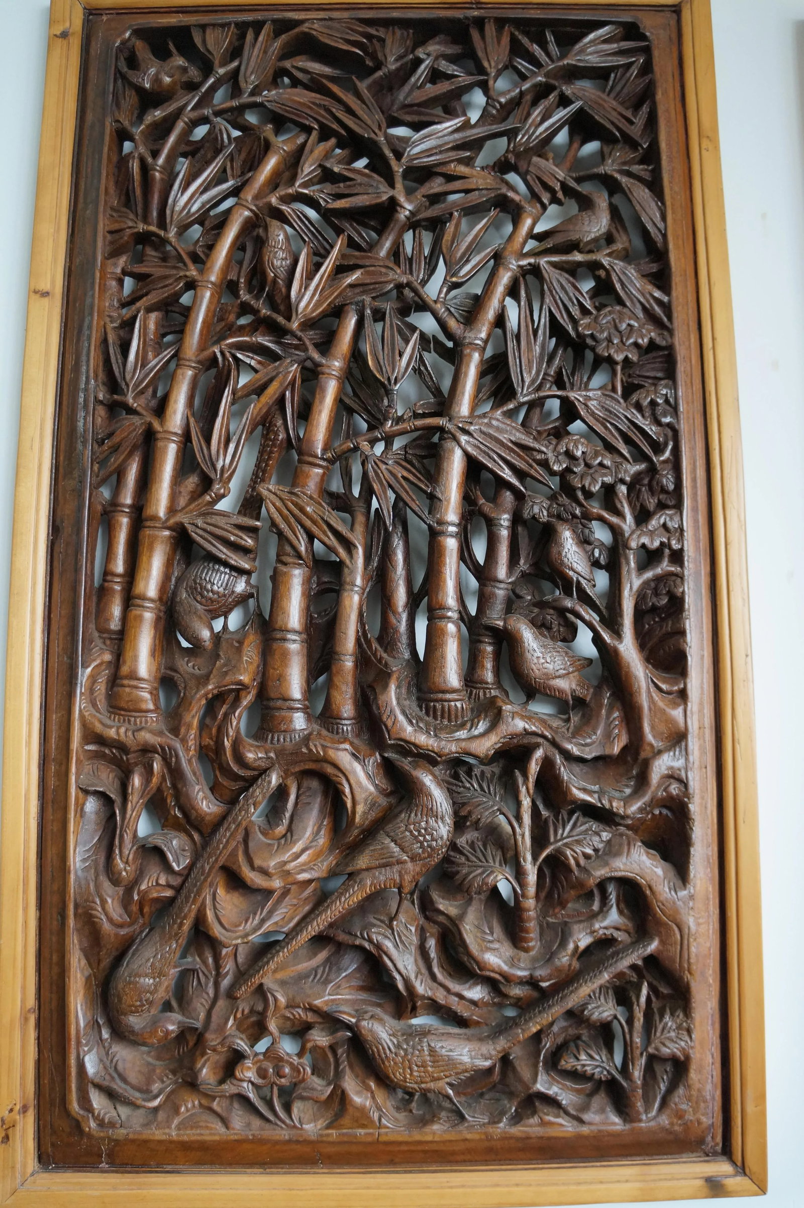 Bold Wood Carvings of Bamboo and Plum Blossoms in Two Panels - 2