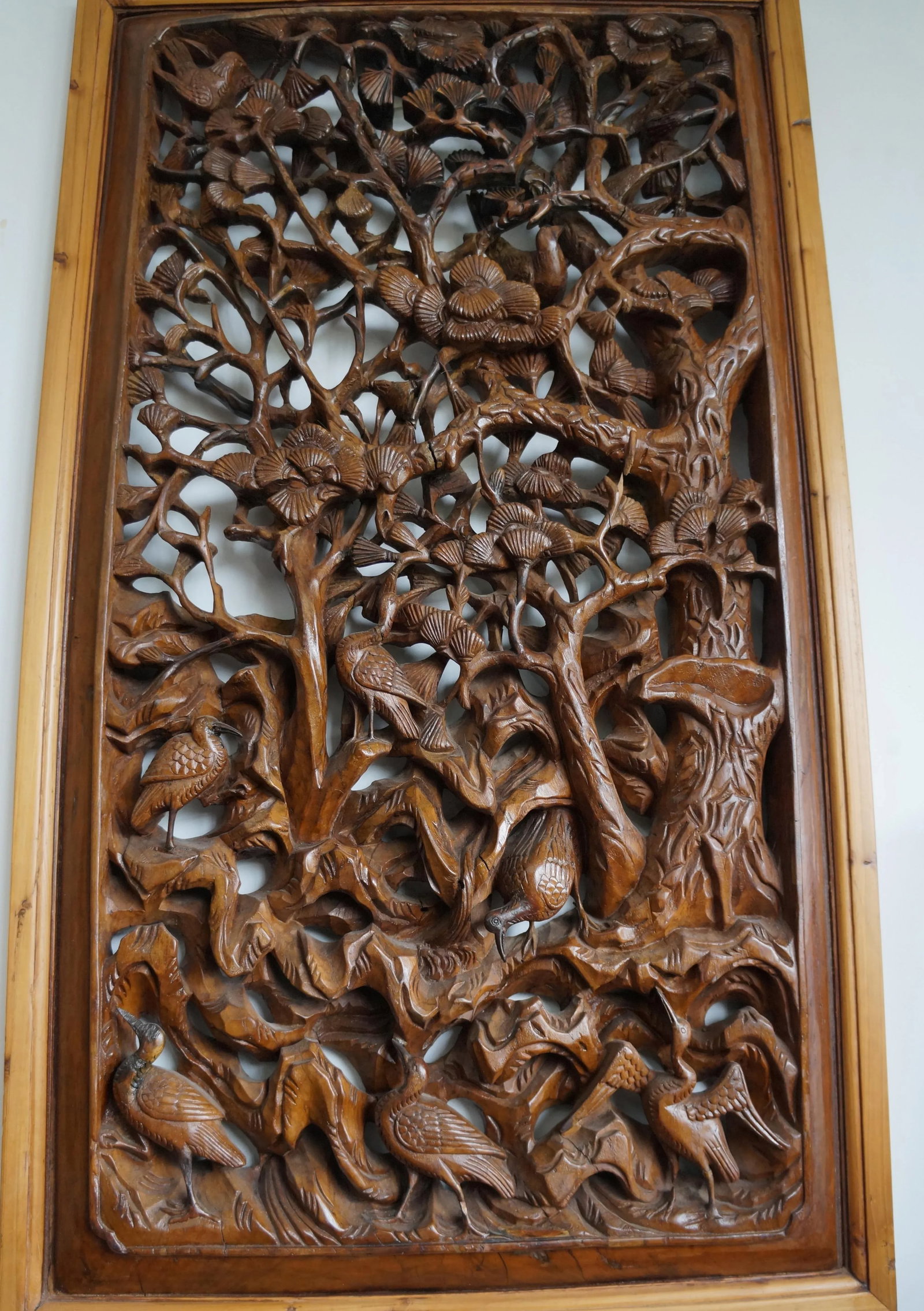 Bold Wood Carvings of Bamboo and Plum Blossoms in Two Panels - 3