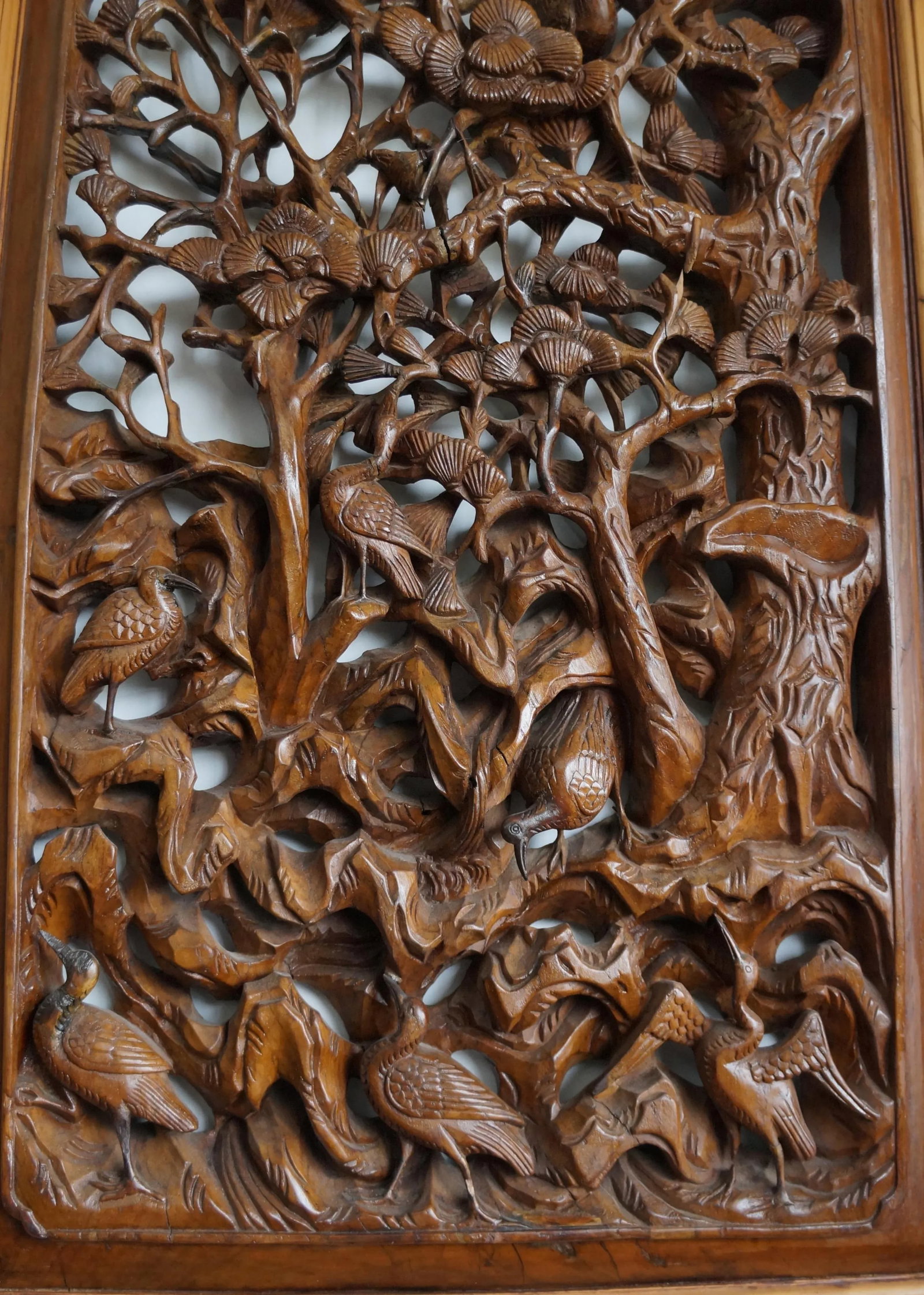 Bold Wood Carvings of Bamboo and Plum Blossoms in Two Panels - 4