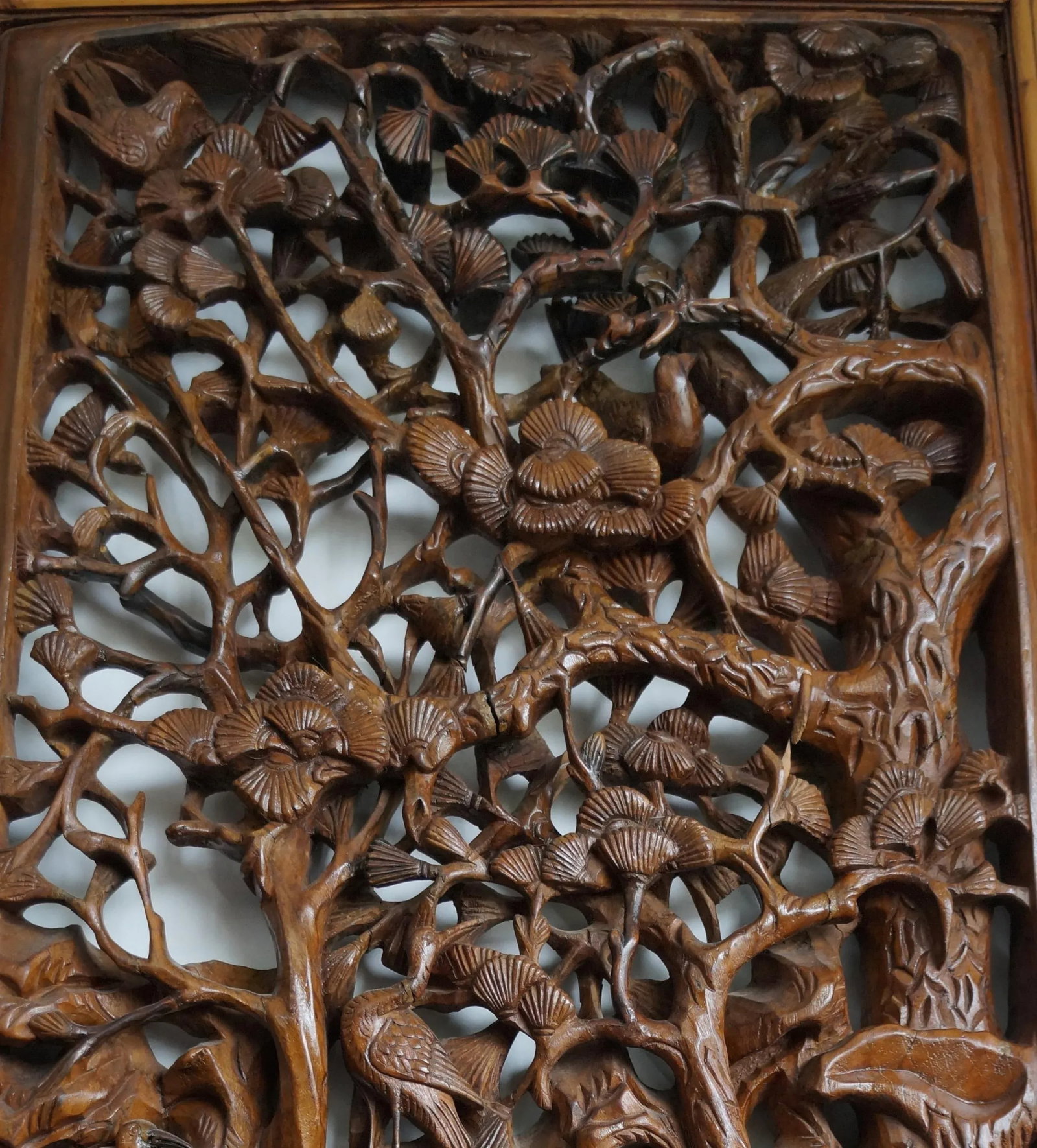 Bold Wood Carvings of Bamboo and Plum Blossoms in Two Panels - 5