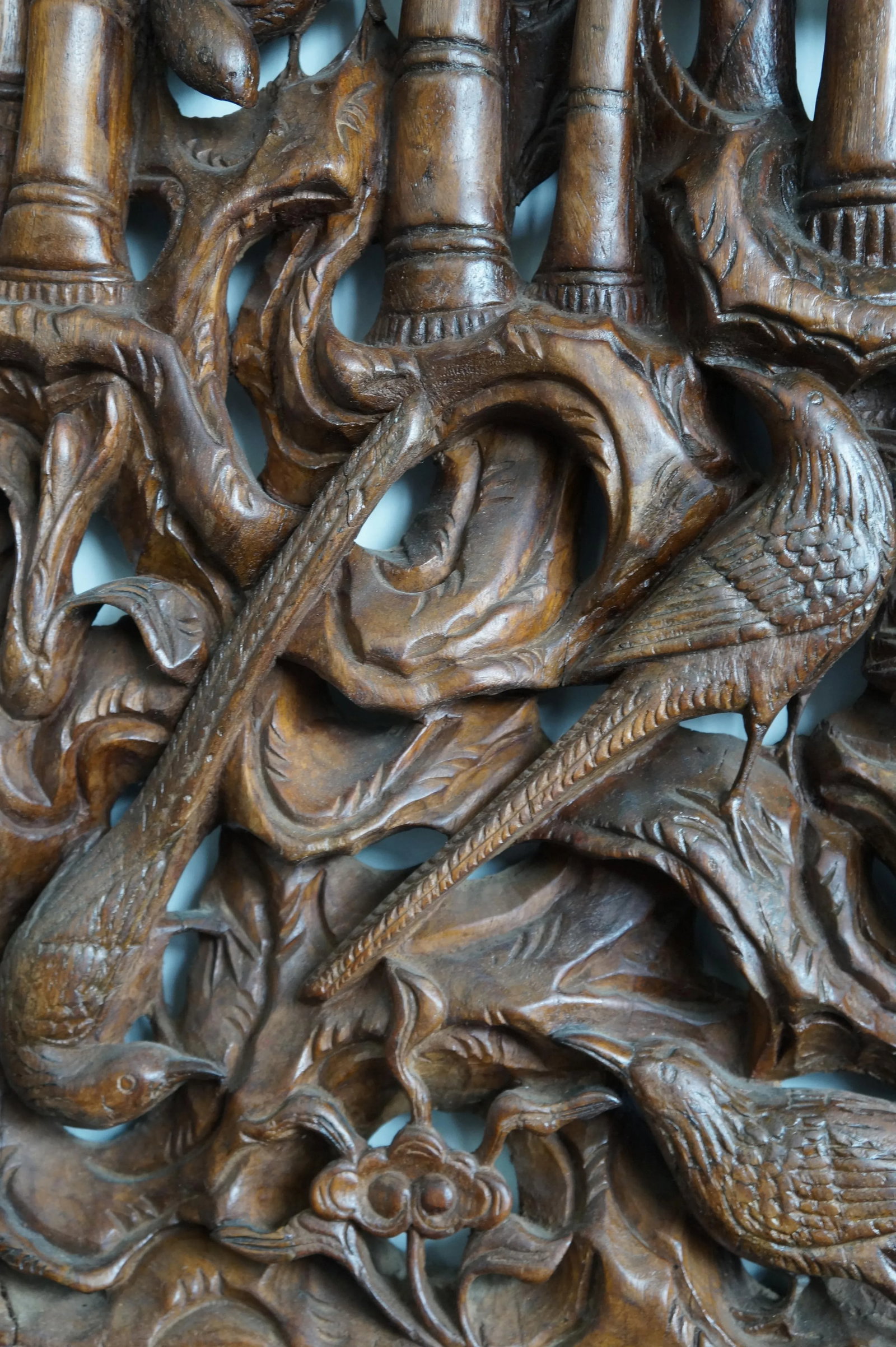 Bold Wood Carvings of Bamboo and Plum Blossoms in Two Panels - 9