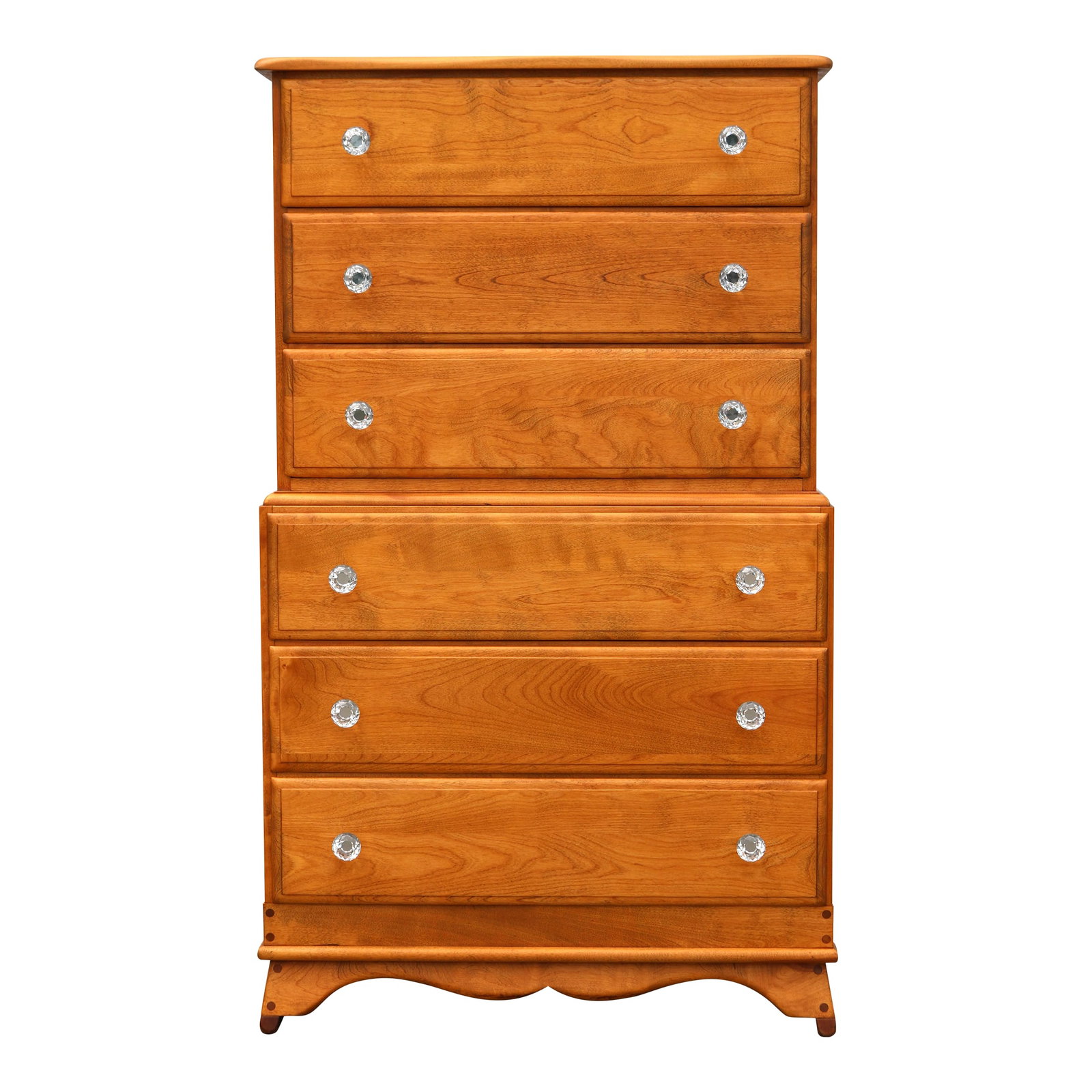 Vintage Mid-Century Solid Maple 6 Drawer Tall Dresser Dovetail and Dowel Joint Construction: Nice and solid maple chest of drawers with scalloped skirt trim. I love the dowel joint construction and the grain on this chest of drawers. Stunning simplicity that will be a lovely and practical