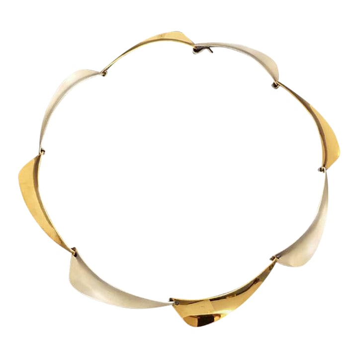 1990s Modernist Silver & Gold Neck Piece, Vintage Gerhard Herbst Studios Linking Collar: This 1990's Gerhard Herbst linking neck piece is hand constructed from eight individually hand forged Sterling Silver components. Select elements are then gold plated to achieve the striking silver