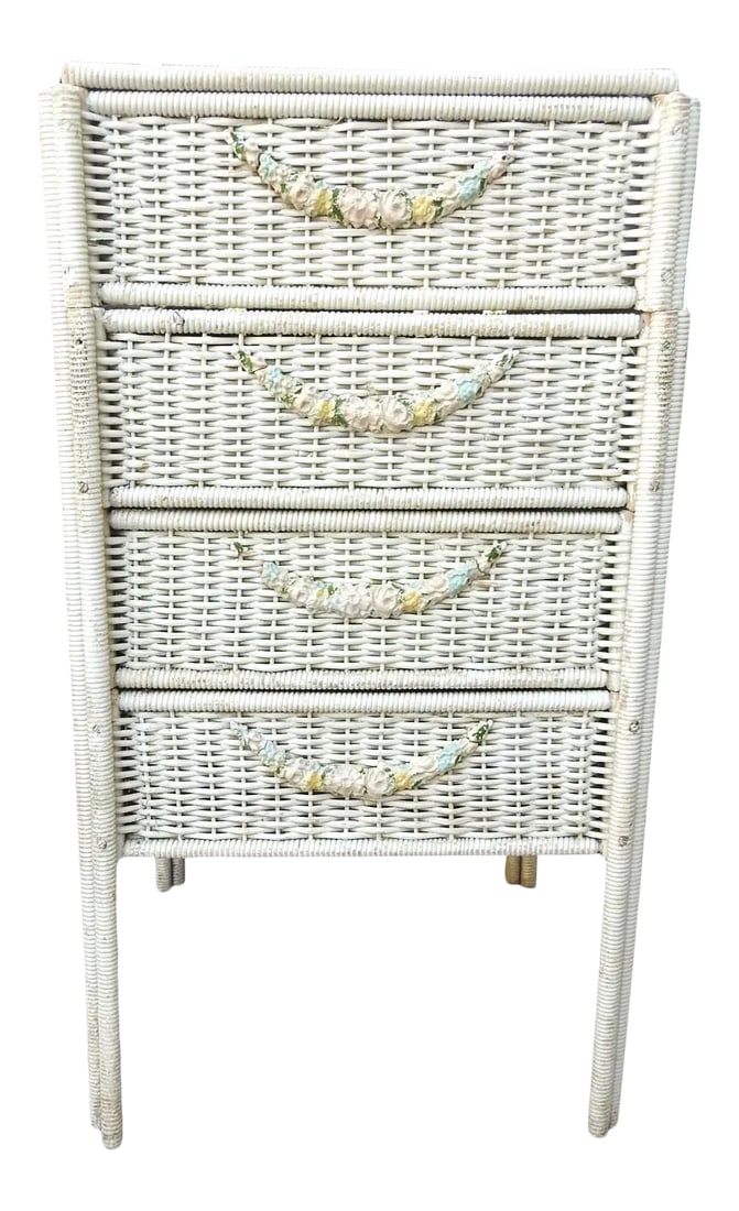 Antique Wicker Linen Cabinet With Chalkware Details: Small antique wicker linen cabinet with unusual design, folding sideways. Original paint, chalk ware flower details, 5 shelves. Circa beginning of the 20th century. Sturdy, needs some work. When
