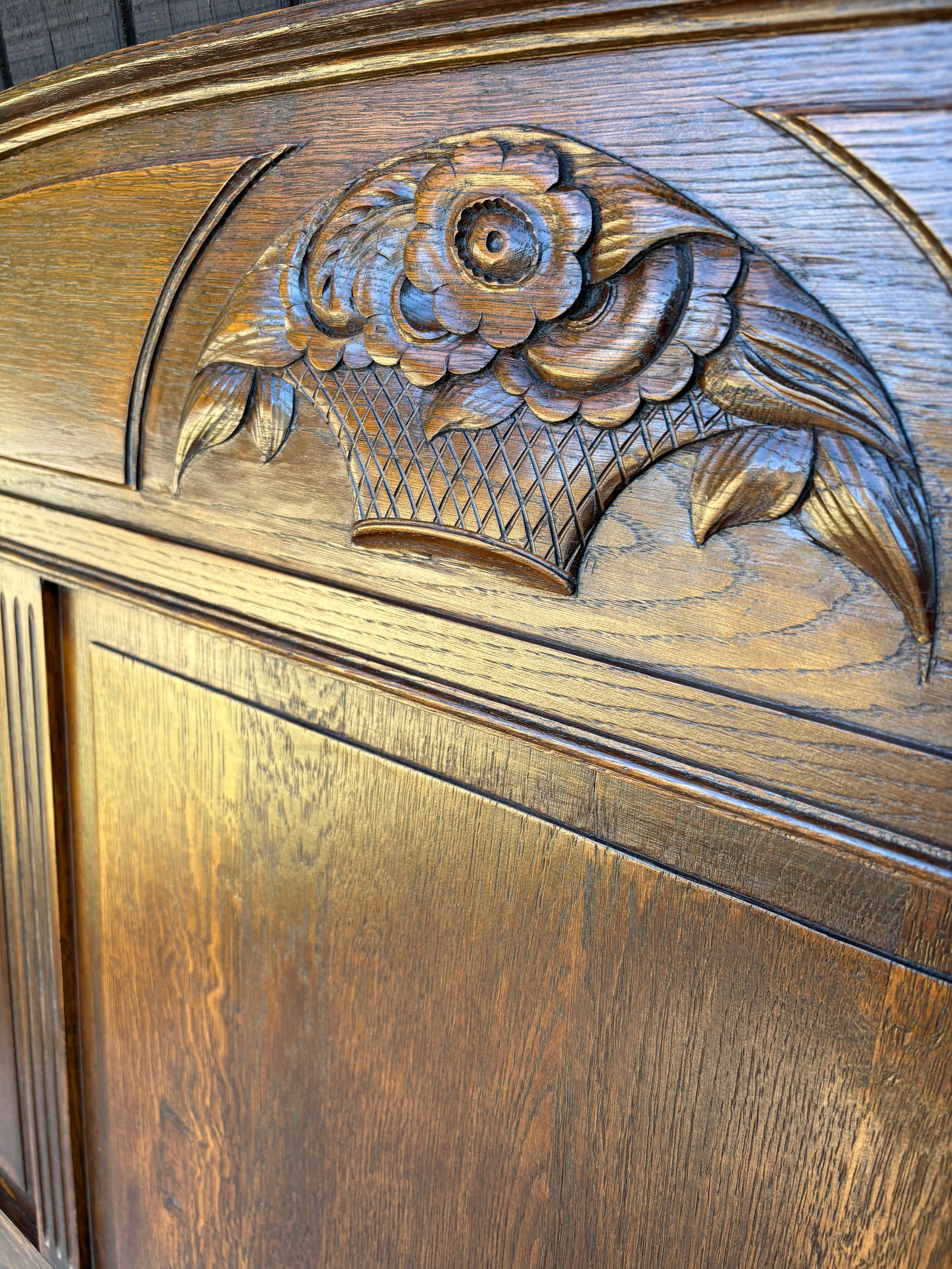 Antique Solid Oak 55'' Wide Panel Bed With Matching Rails & Carved Floral Headboard & Footboard - 4