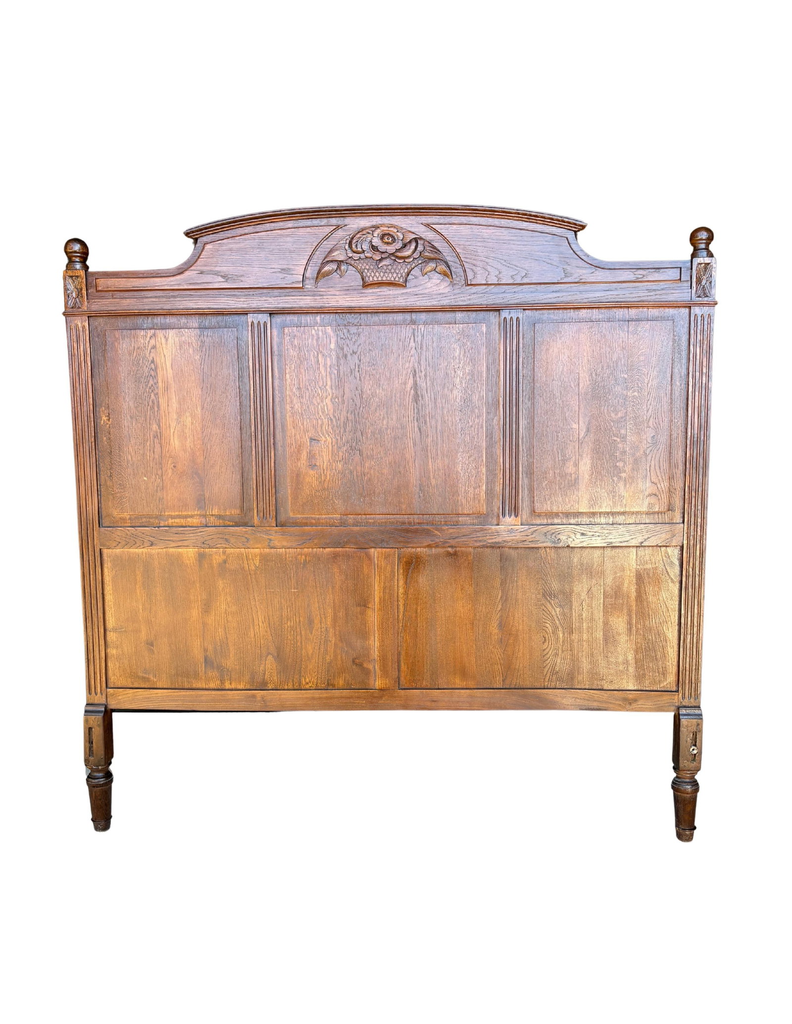 Antique Solid Oak 55'' Wide Panel Bed With Matching Rails & Carved Floral Headboard & Footboard - 6