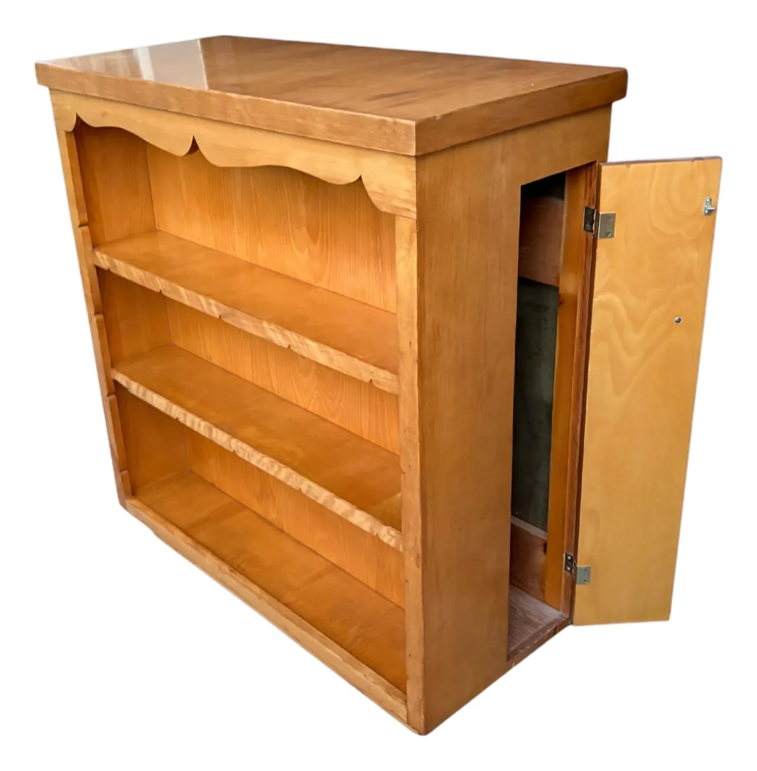 Mid-Century Solid Birch/Maple Bookcase With Hidden Side Storage - c.1950s: A beautifully crafted mid-century solid wood bookcase, likely handcrafted in the 1950s. Made from birch or maple, the piece has a warm honey finish that highlights the natural grain and sheen of the