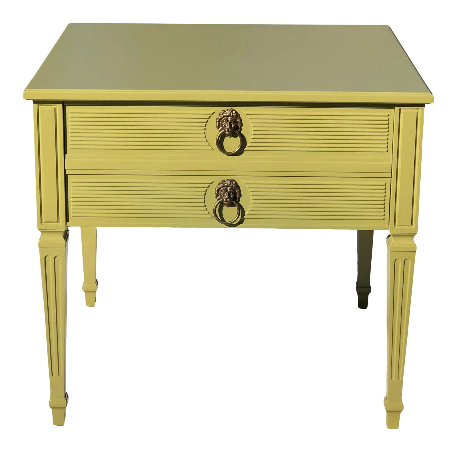 1950s Henredon Olive Green Side Table: Vintage Henredon accent side table. Solid wood, probably mahogany has been refinished in an European Lacquer, low satin sheen. Tapered legs and one large drawer that looks as if it were 2 drawers,