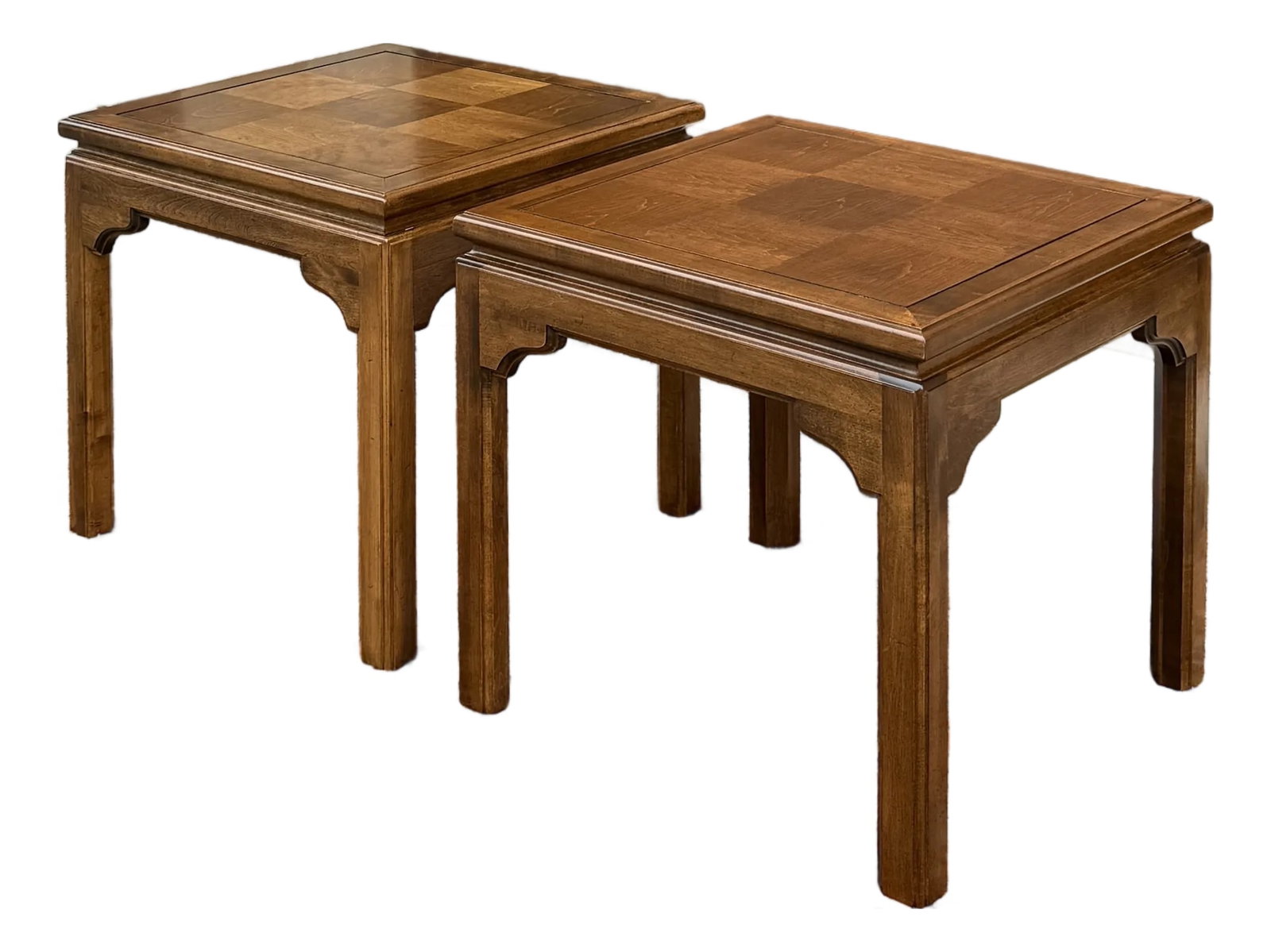 1980s Ethan Allen Classic Manor Chinese Chippendale Parquet Maple Square Side Tables - A Pair (15-80 (1 of 16)