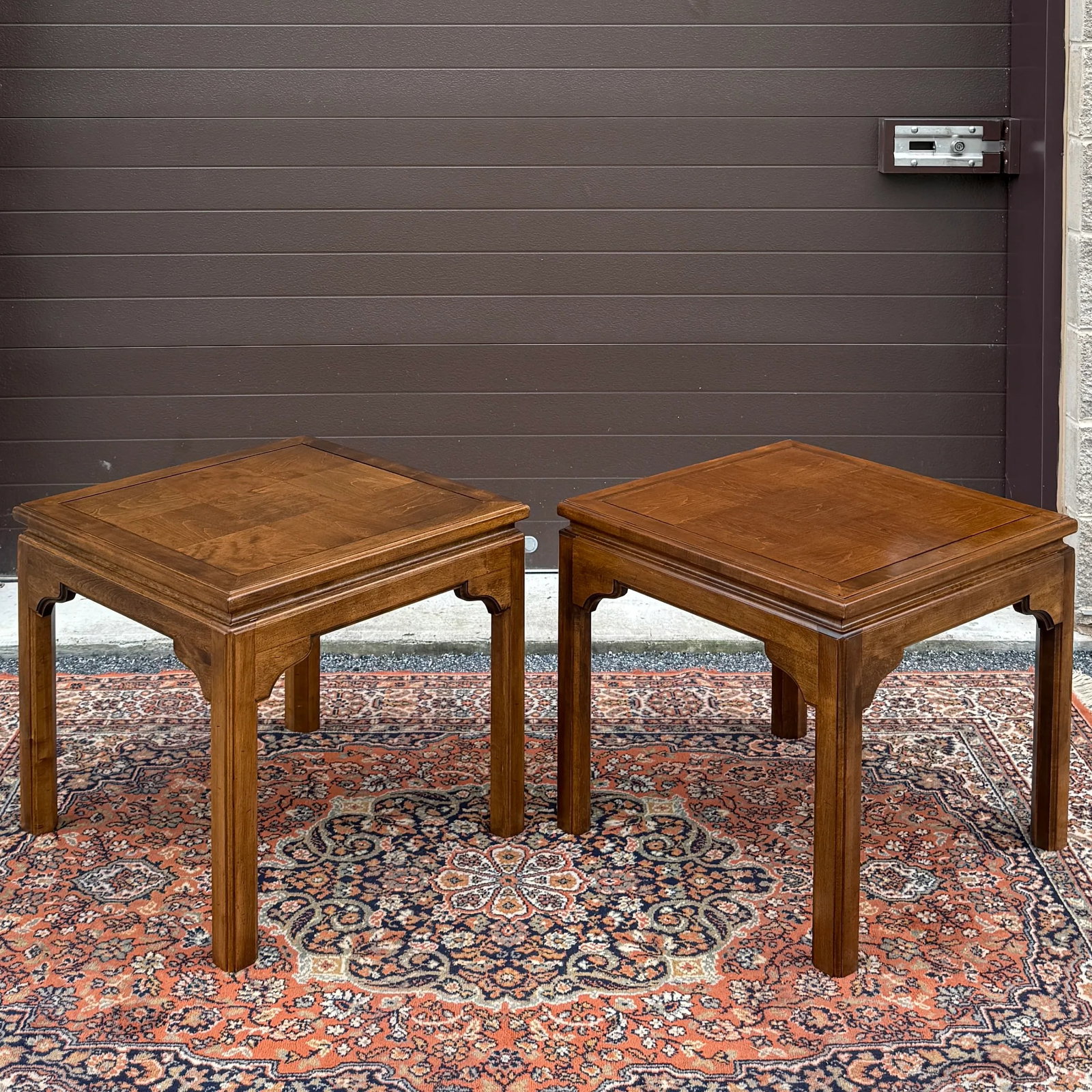 1980s Ethan Allen Classic Manor Chinese Chippendale Parquet Maple Square Side Tables - A Pair (15-80 - 2