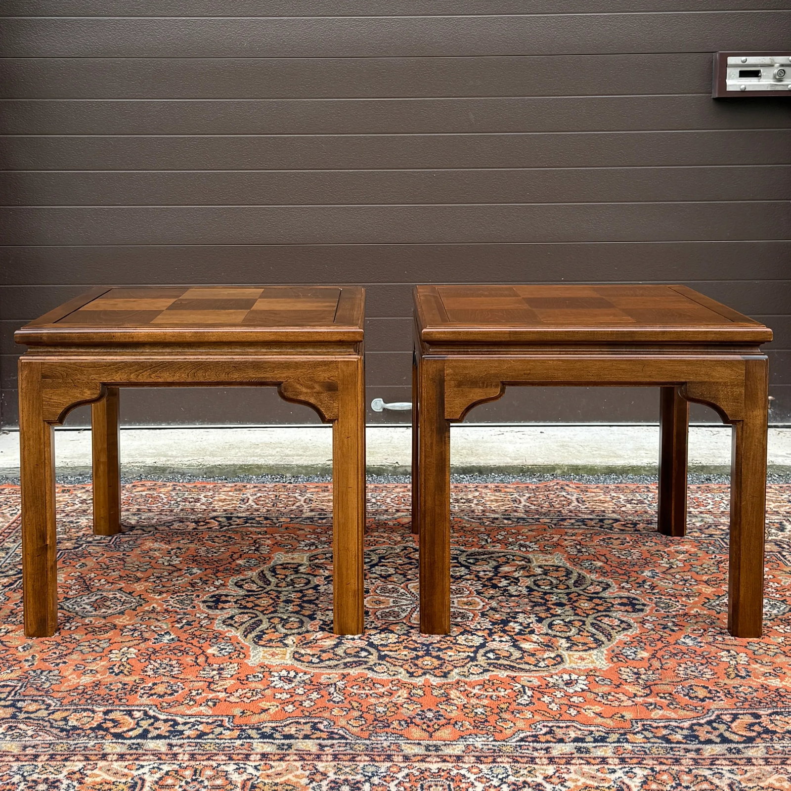 1980s Ethan Allen Classic Manor Chinese Chippendale Parquet Maple Square Side Tables - A Pair (15-80 - 3