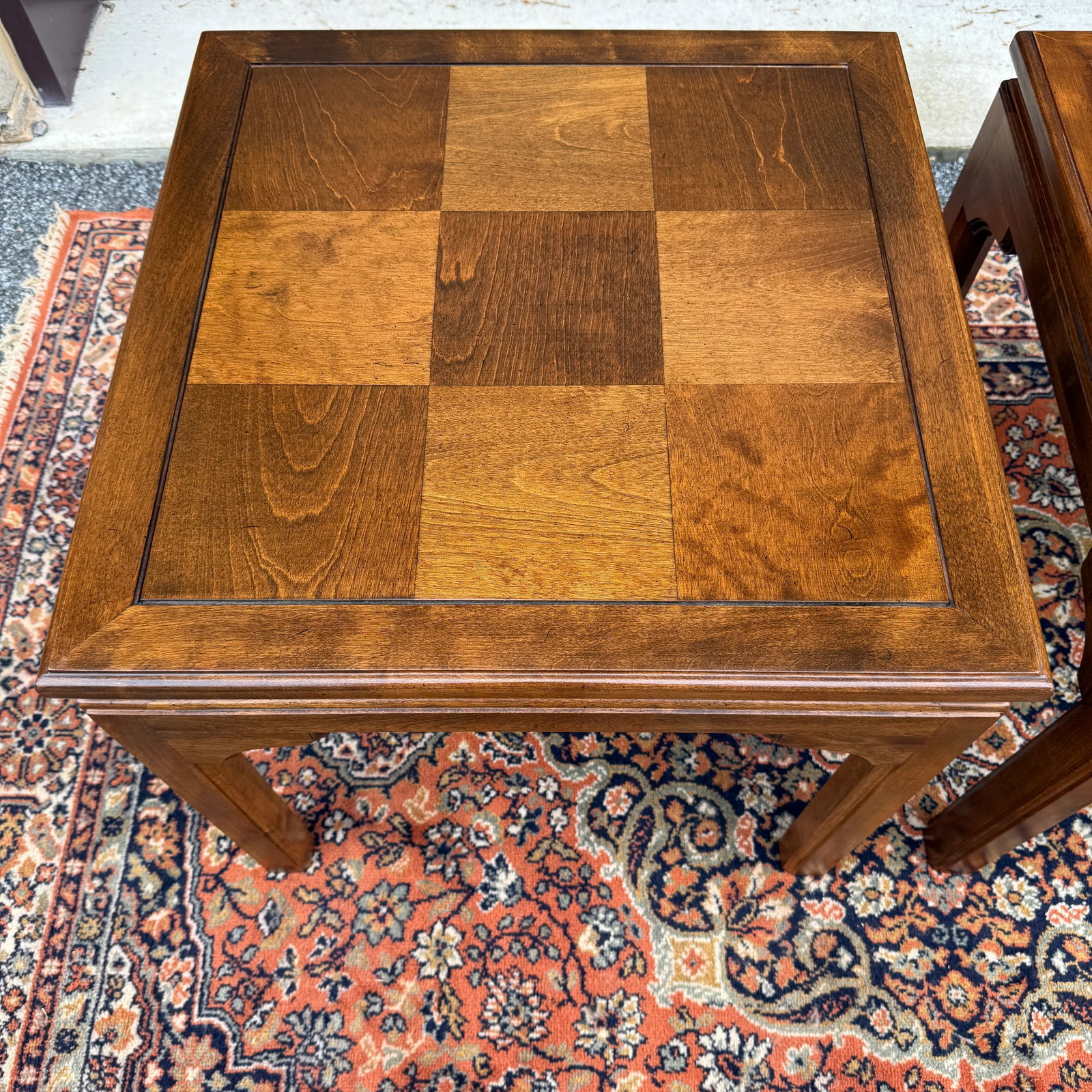 1980s Ethan Allen Classic Manor Chinese Chippendale Parquet Maple Square Side Tables - A Pair (15-80 - 4