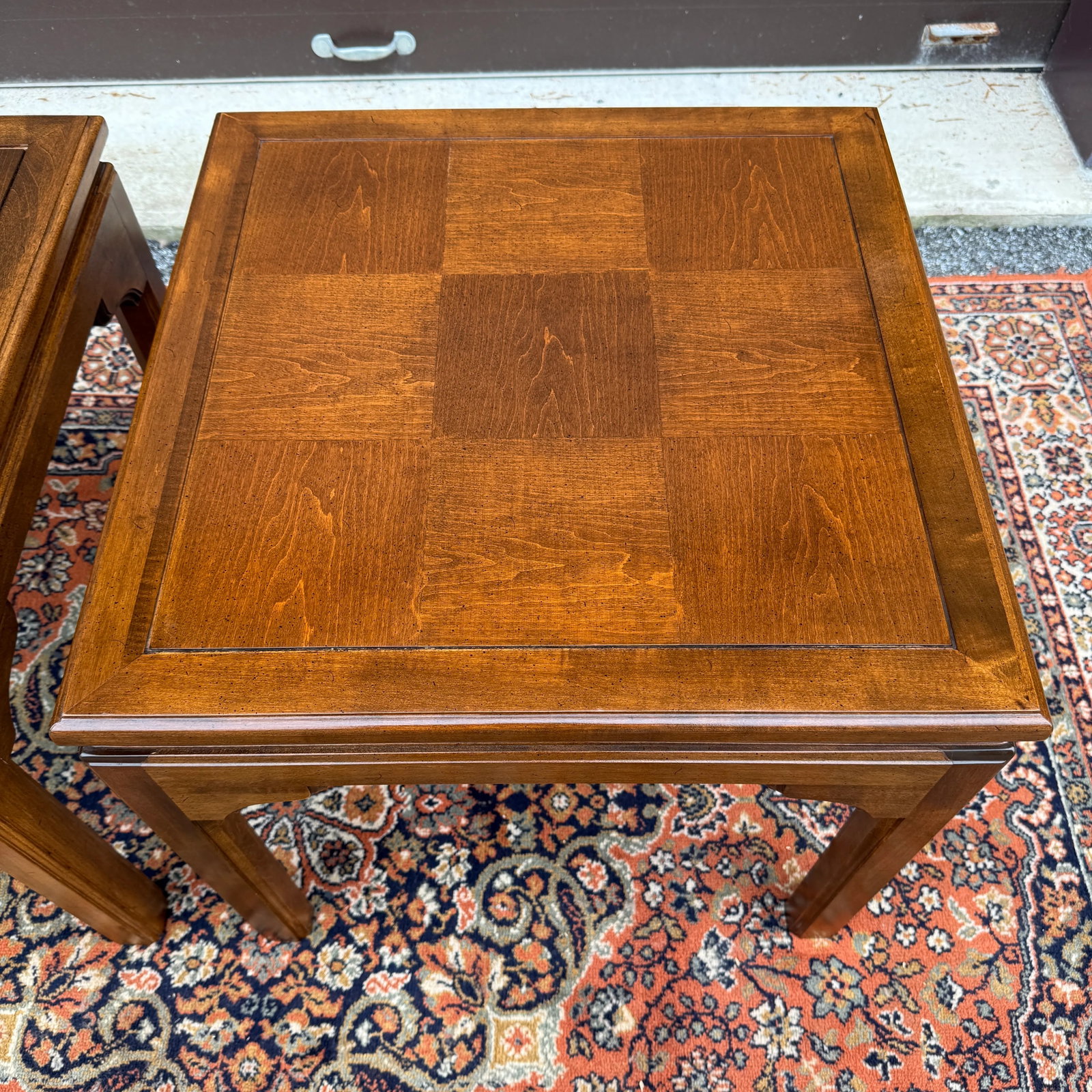 1980s Ethan Allen Classic Manor Chinese Chippendale Parquet Maple Square Side Tables - A Pair (15-80 - 5