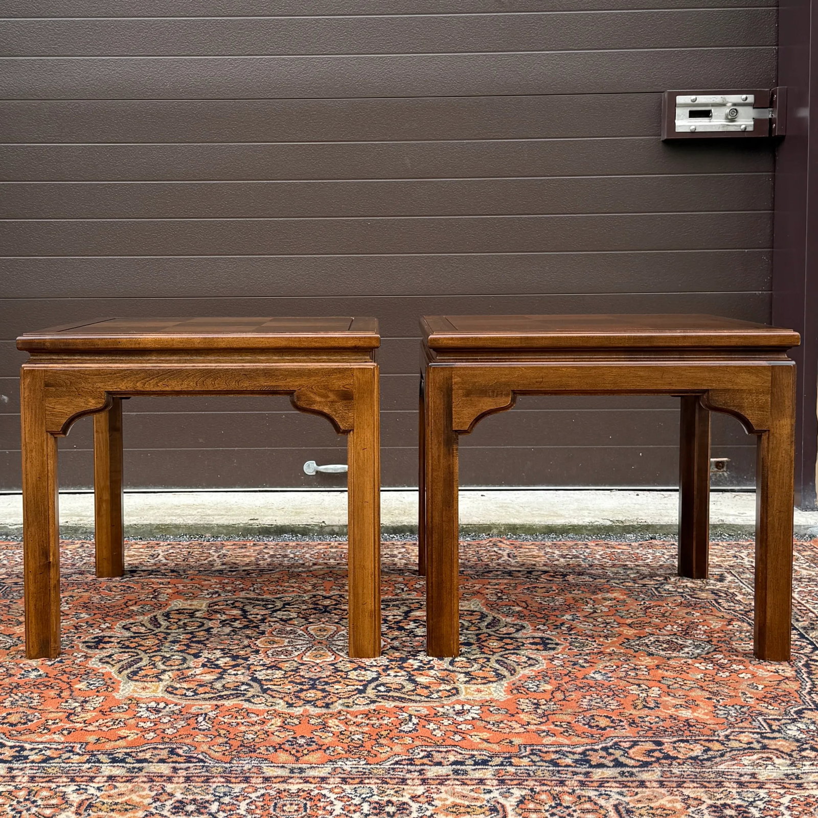 1980s Ethan Allen Classic Manor Chinese Chippendale Parquet Maple Square Side Tables - A Pair (15-80 - 6