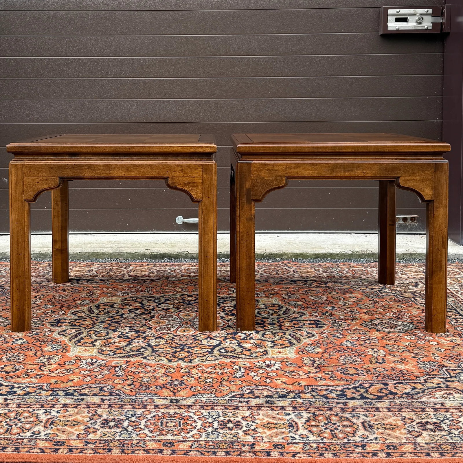 1980s Ethan Allen Classic Manor Chinese Chippendale Parquet Maple Square Side Tables - A Pair (15-80 - 7