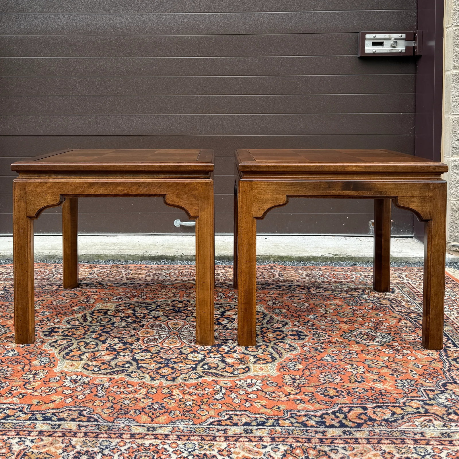 1980s Ethan Allen Classic Manor Chinese Chippendale Parquet Maple Square Side Tables - A Pair (15-80 - 8
