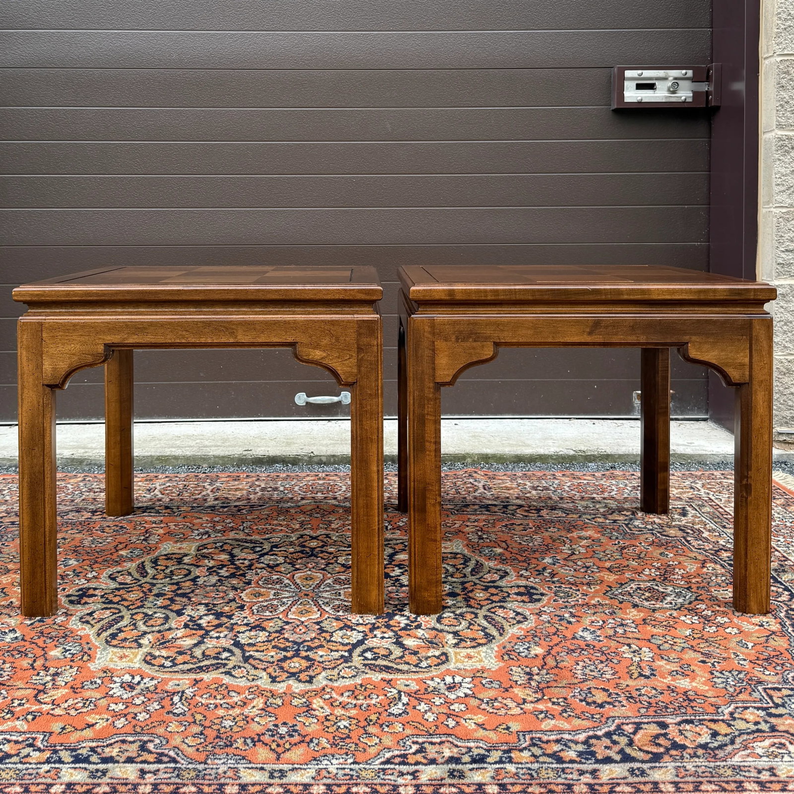 1980s Ethan Allen Classic Manor Chinese Chippendale Parquet Maple Square Side Tables - A Pair (15-80 - 9