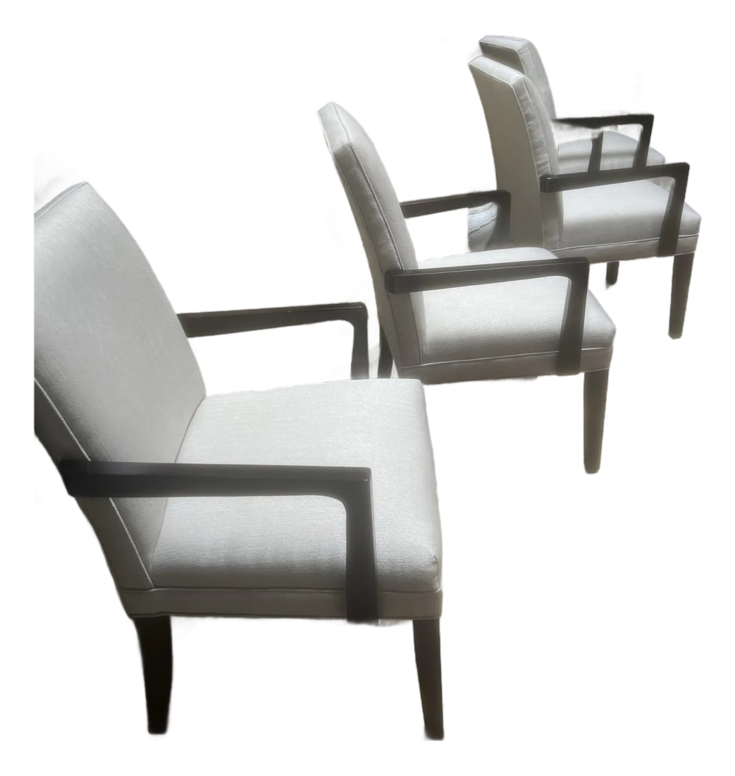 Set of Four Hickory Chair Dining Chairs: These are a set of four arm chairs by Hickory Chair with a Herringbone patterned fabric. Hickory Chair is known for exceptional quality and classic design. They offer comfortable seating with arms
