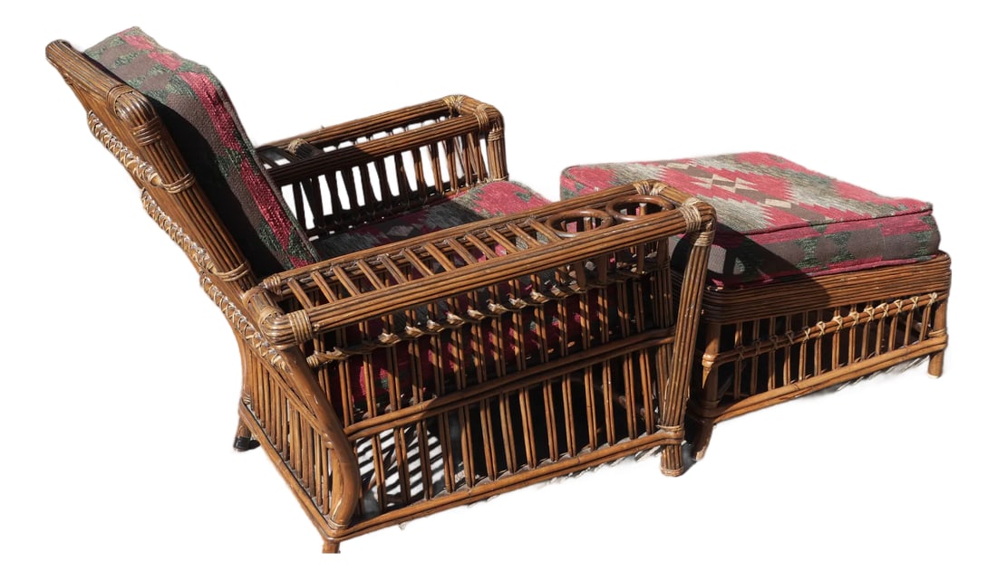 1990s Palecek Wicker Chair: Palecek wicker from early 90s. used lightly. The ottoman is 25 by 25 square,19 high at the rear and 16 at the front. In inches. Condition: Alterations: Original Condition Unaltered Imperfections: