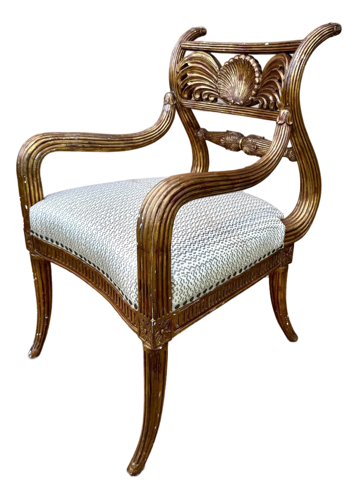 late 20th Century Super Fine Stylized Carved Maitland Smith Saber Leg Arm Chair: An exceptional Maitland Smith arm chair showcasing the brand's renowned craftsmanship and artistic flair. The frame features refined hand-carved details with elegant stylization and graceful saber