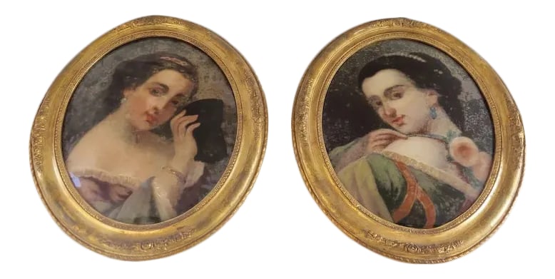 Mid 19th Century Reverse Painted Portraits of Young Girls, Framed - a Pair (1 of 8)
