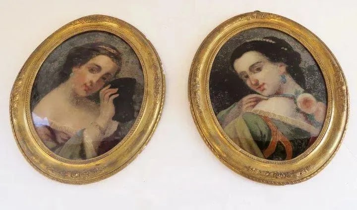 Mid 19th Century Reverse Painted Portraits of Young Girls, Framed - a Pair - 3