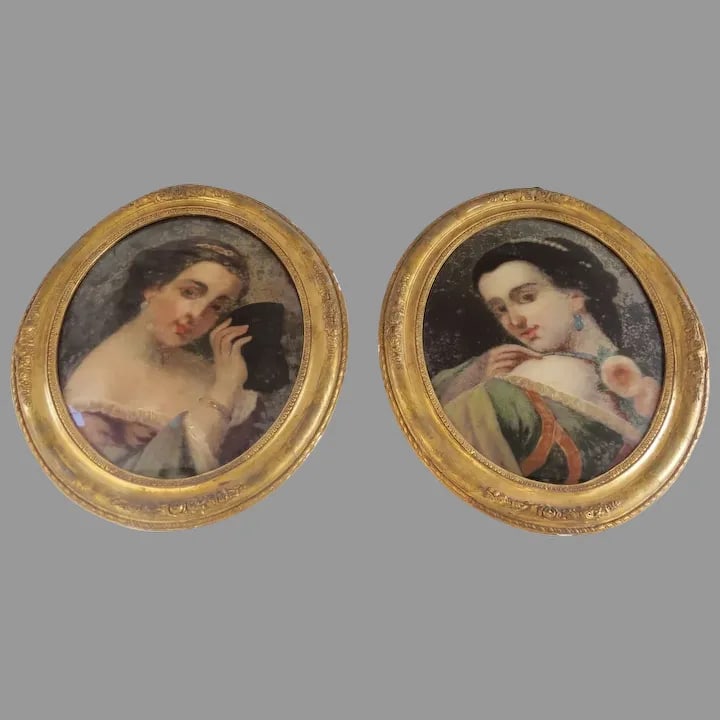 Mid 19th Century Reverse Painted Portraits of Young Girls, Framed - a Pair - 8