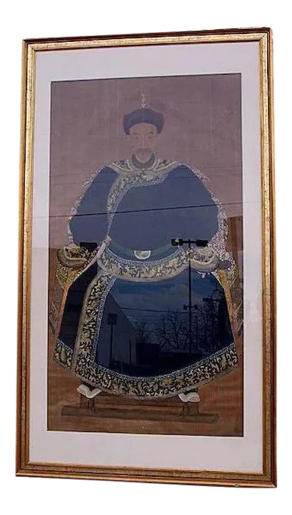 Early 19th Century Chinese Ancestor Portrait Painting, Framed: Very fine Chinese ancestor portrait Chia Ching c. 1796-1820. Manderin official shown in Ch'ao fu robe, the official formal winter robe. Purchased Diane Genre oriental Art and Antiques, Inc., New