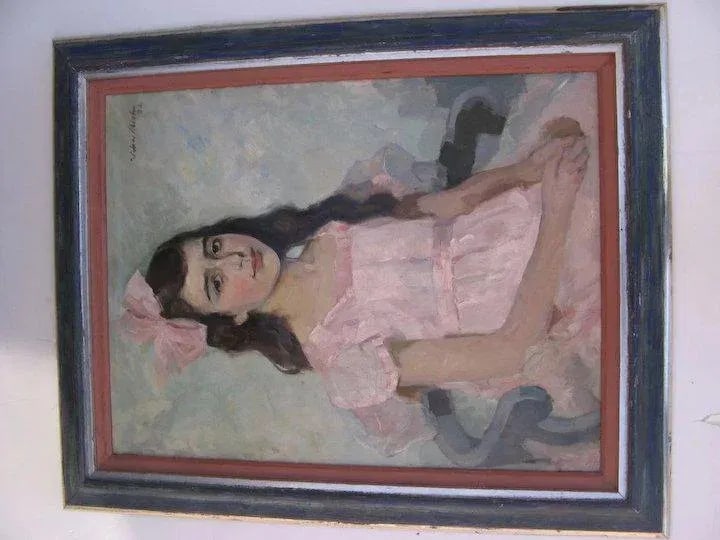 1920s "Portrait of a Girl in Pink" Oil Painting, Framed - 5