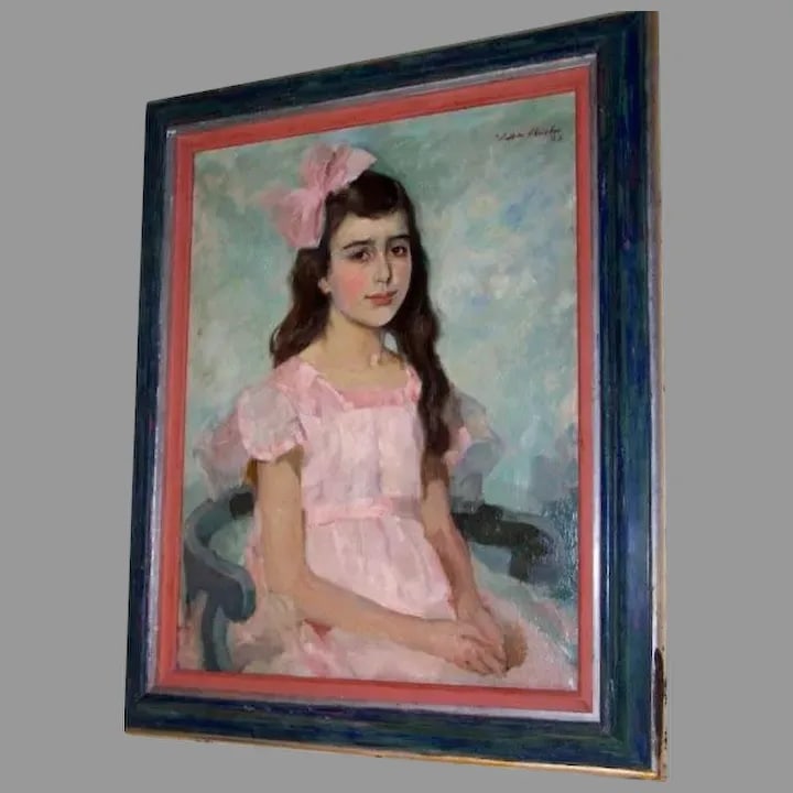 1920s "Portrait of a Girl in Pink" Oil Painting, Framed - 6