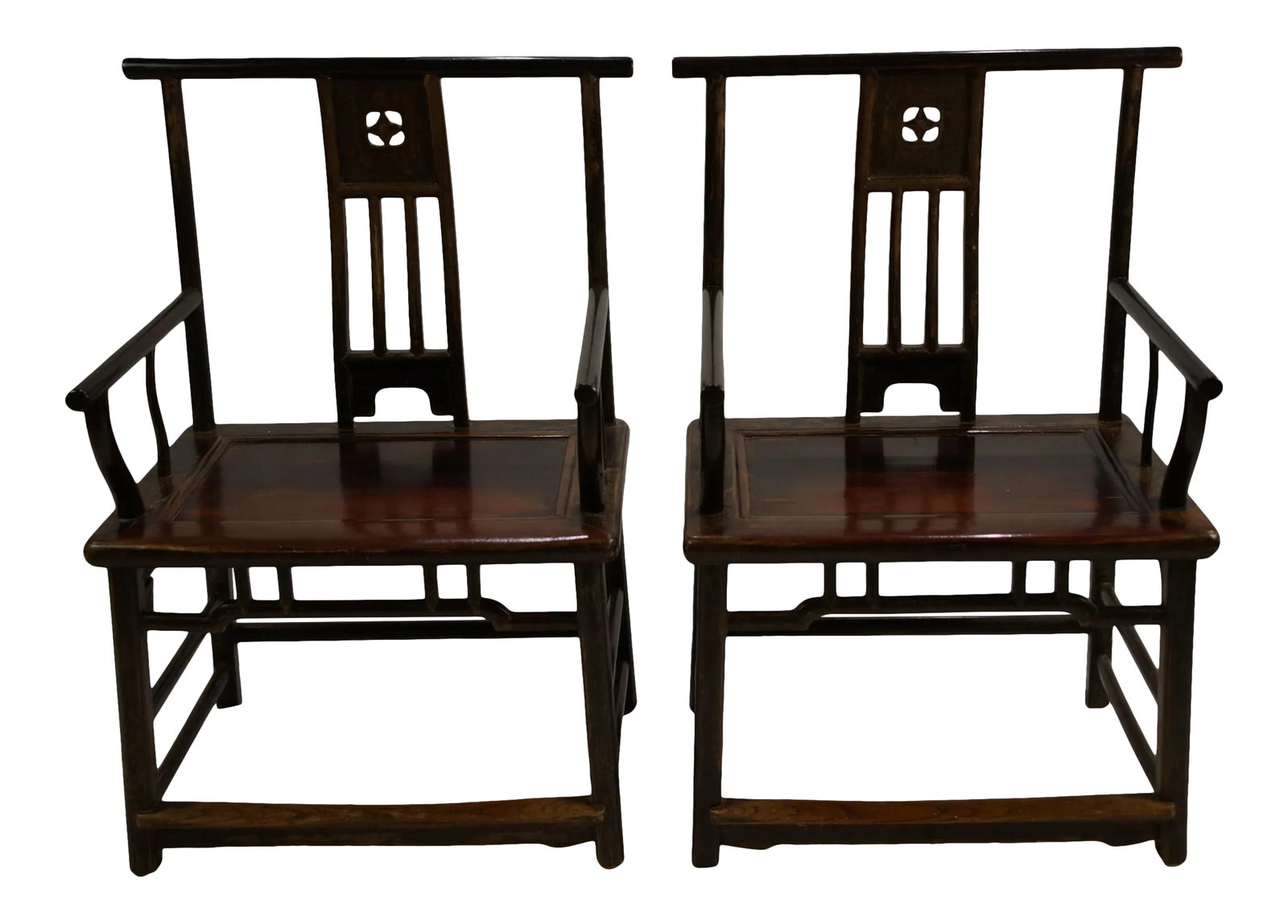 Antique Yokeback Armchairs - a Pair: The pair of low chairs have an art deco look but the first chairs of this design appeared in an article from a Chinese archaelogical Journal Wenwu . It was found in a tomb in North China dated to the