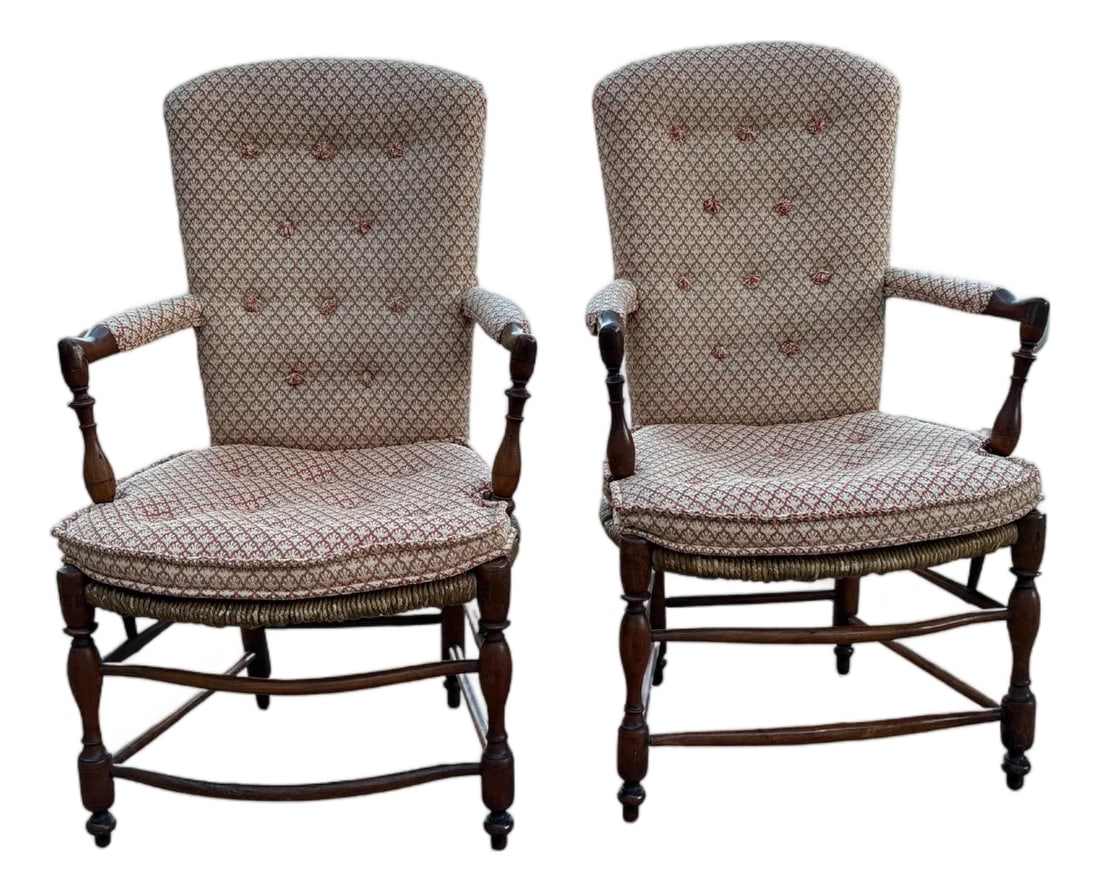 Pair of Antique French Provincial Style Upholstered Rush-Seat Armchairs (1 of 12)