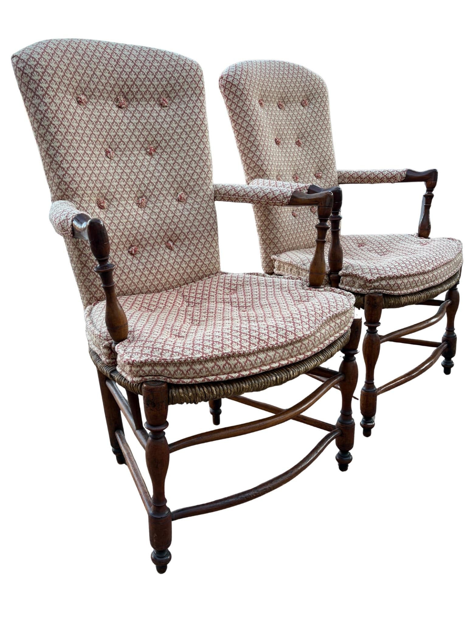 Pair of Antique French Provincial Style Upholstered Rush-Seat Armchairs - 2