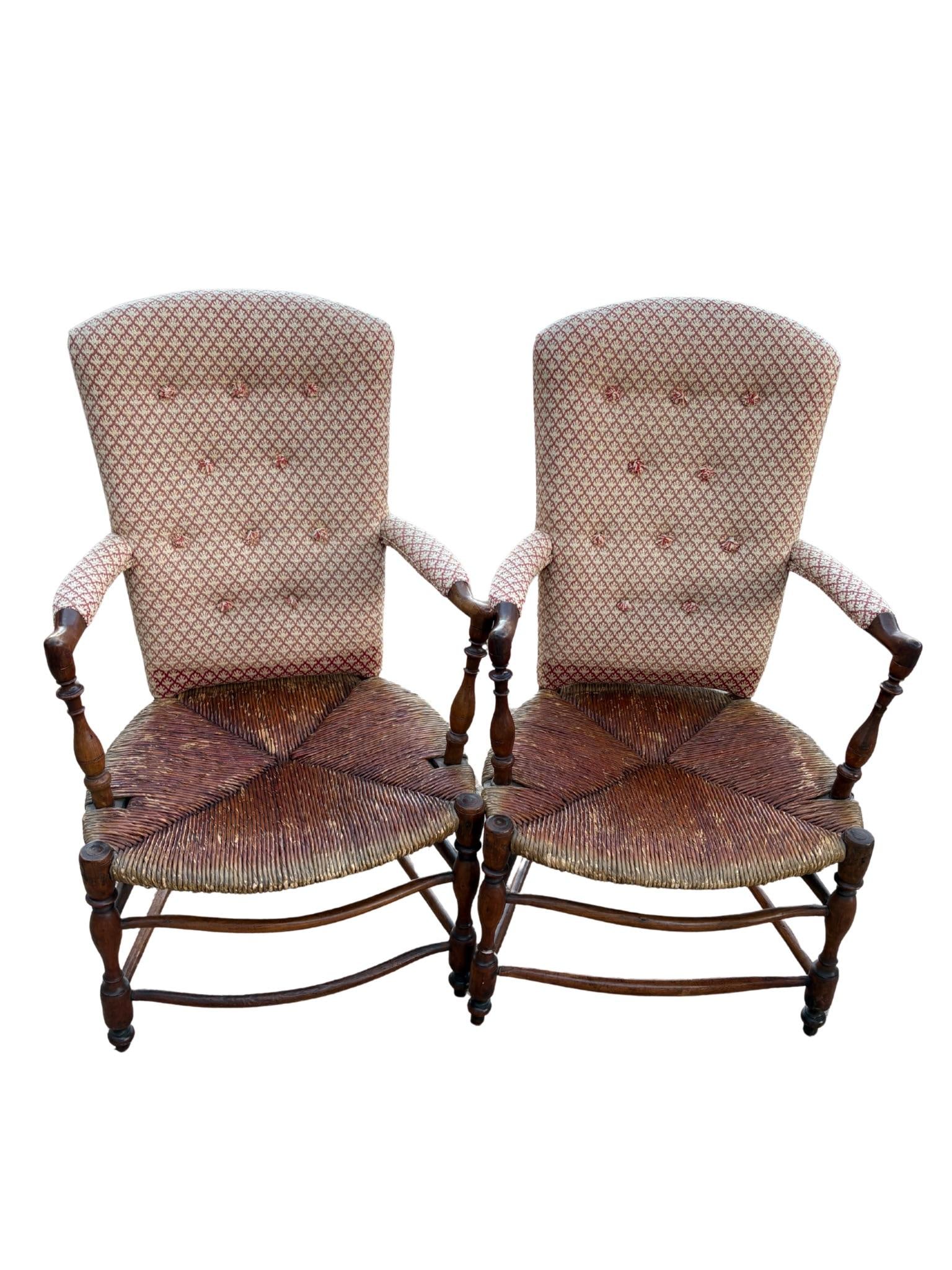Pair of Antique French Provincial Style Upholstered Rush-Seat Armchairs - 4