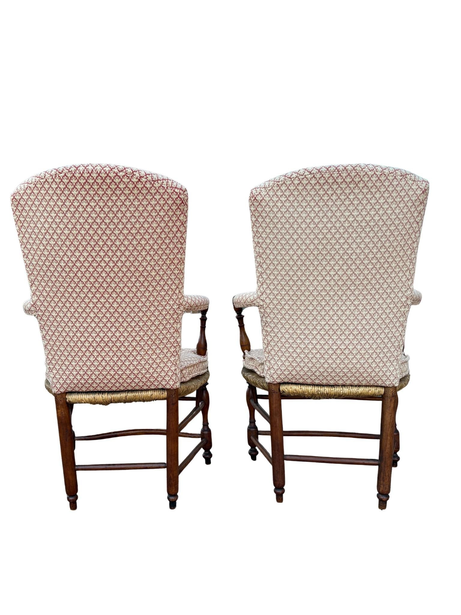 Pair of Antique French Provincial Style Upholstered Rush-Seat Armchairs - 5