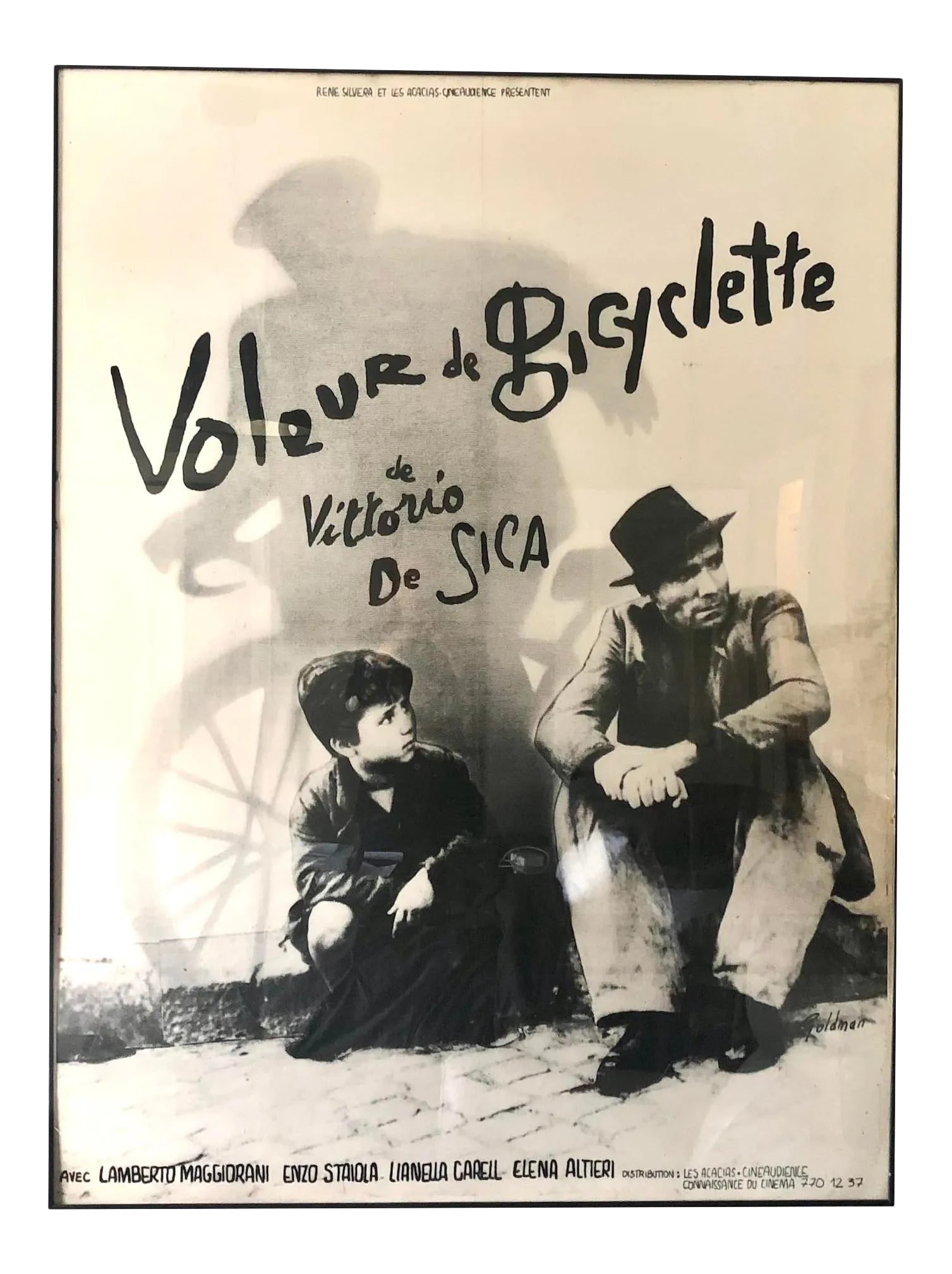 1940s "Voleur De Bicyclette" Vintage Movie Poster, Framed: Bicycle Thieves is a 1948 Italian drama film directed by Vittorio De Sica. The film follows the story of a poor father searching post-World War 2 Rome for his stolen bicycle, without which he will