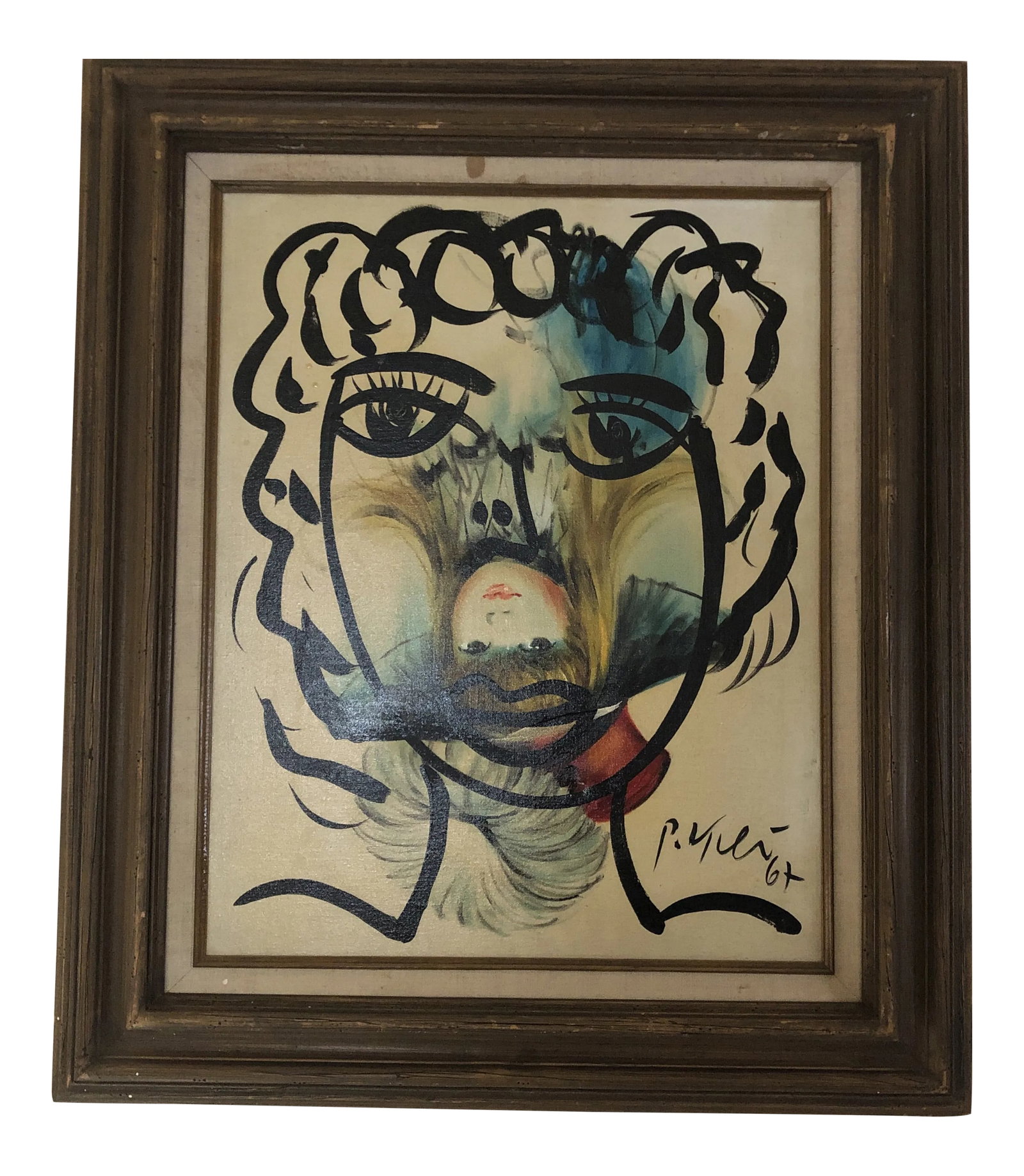 1967 Portrait of a Mother & Child Oil Painting by Peter Robert Keil, Framed: Vintage Oak Wood Framed Oil on Canvas Portrait of Mother & Child Unusual Abstract over surrealism themed realist Child Portrait Canvas, Anstract Condition: Alterations: Original Condition Unaltered