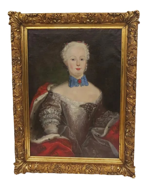 19th Century Portrait of a French Louis XV Style Woman Oil Painting, Framed: Very delightful painting of a Louis XV woman with brightly colored costume. 19th century. Site Measures 25 1/4" by 35" "1571" Condition: Alterations: Unknown Imperfections: Some Imperfections