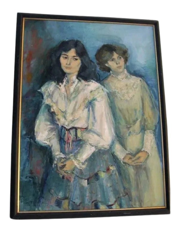 1960s Figurative Oil Painting on Canvas by Jan De Ruth, Framed: A 997 Oil on canvas of two girls by Jan De Ruth. 29" by 39" Some paint loss. 1960 Born Czech 1922, winner numerous prizes, represented in museums and private collections. $950.00 Condition: