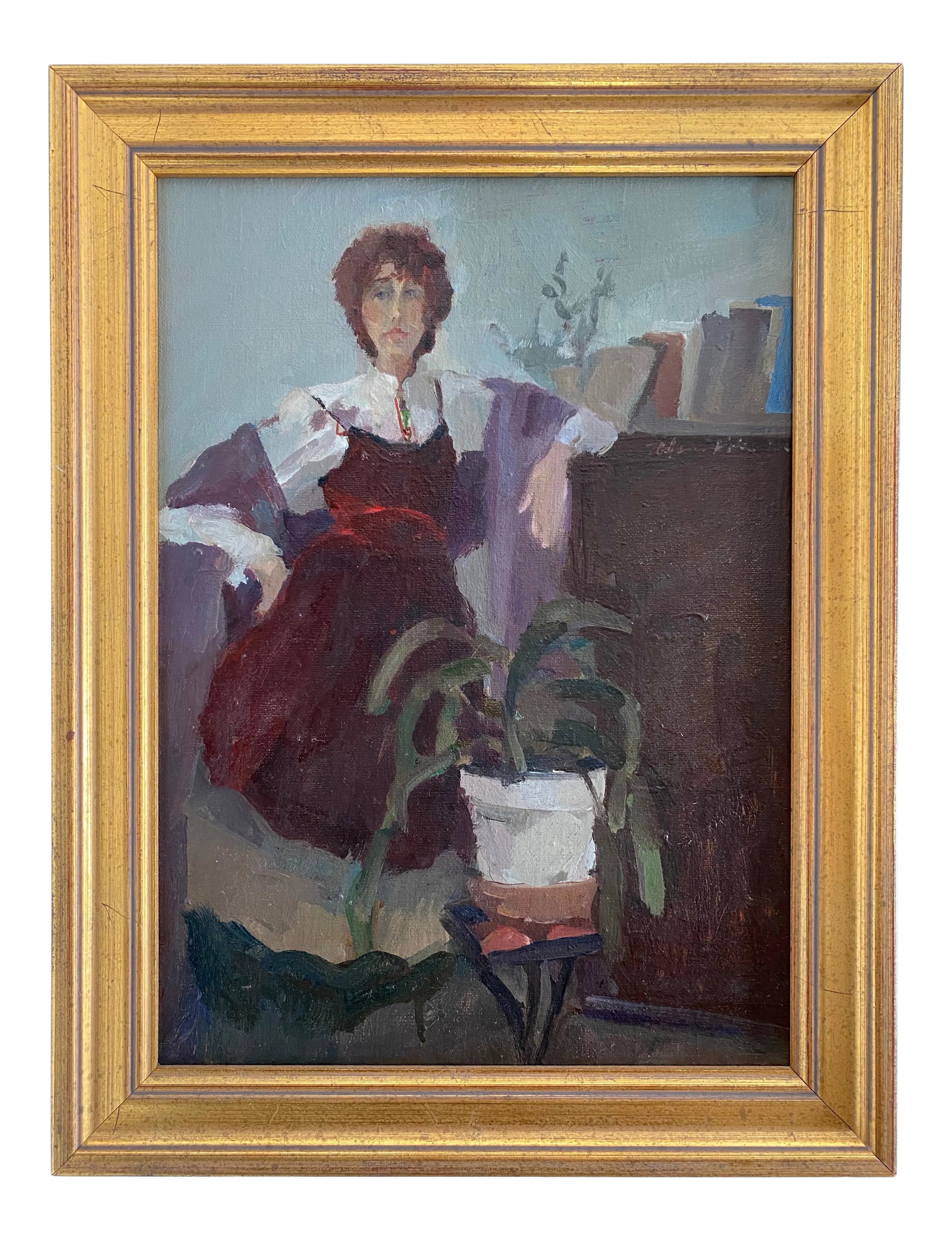 1980s "Woman in Interior" Portrait Oil Painting by Ann Toulmin-Rothe, Framed: A oil on canvas figural study of a red haired woman in an interior by Ann Toulmin-Rothe, 1946-1997. BFA-Boston U. 1968, Thos. Clarke Award, National Academy of Design 1976, Emily Lowe Award, Allied