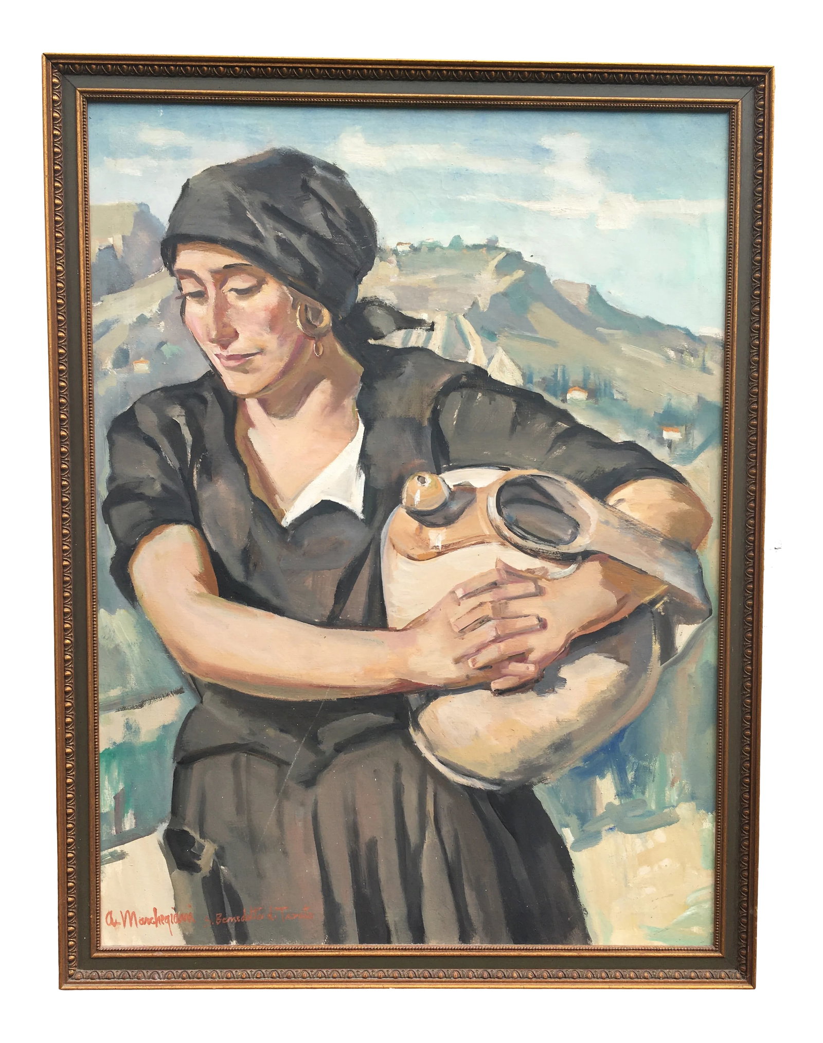 1920's "Portrait of a Young Maiden" Oil Painting by Italian Artist Armando Marchergiani, Framed: A soulful looking farmyard maiden carrying a water jug set in the beautiful Italian countryside by renown artist Armando Marchergiani Excellent oil on canvas. depicts the everyday life on a farm. In t