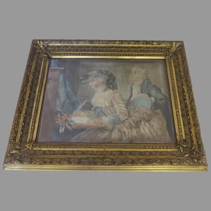 19th Century "Signing Wedding Certificate" French Watercolor Painting, Framed - 10