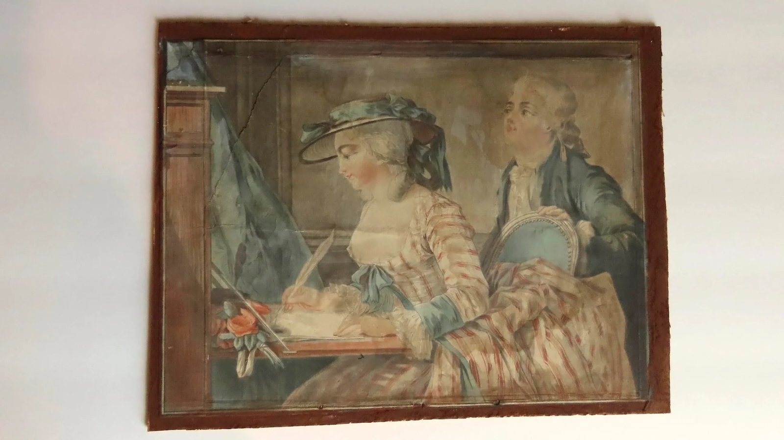 19th Century "Signing Wedding Certificate" French Watercolor Painting, Framed - 12