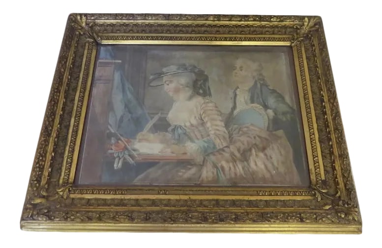 19th Century "Signing Wedding Certificate" French Watercolor Painting, Framed: This is a charming watercolor, 19th century or earlier. Louis XV dress of man and wife I believe signing wedding papers. Measures 15 1/2" by 12 1/2". Good condition, watercolor has some marks from