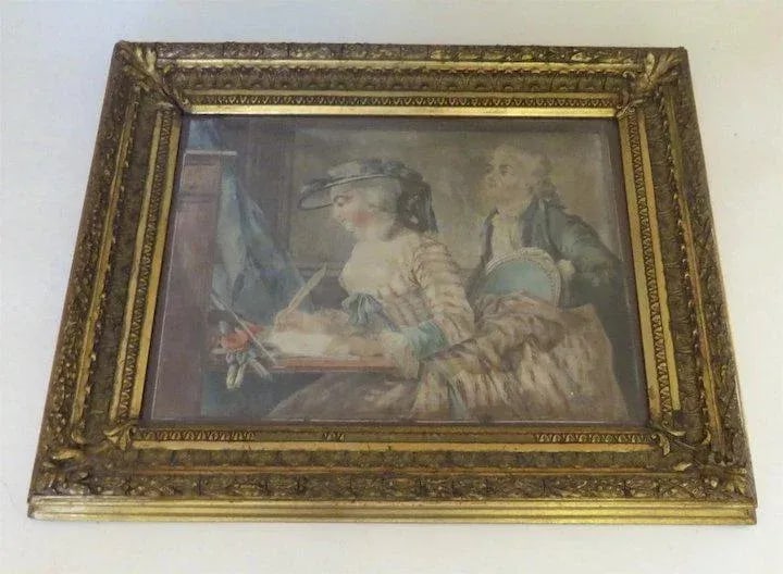 19th Century "Signing Wedding Certificate" French Watercolor Painting, Framed - 2