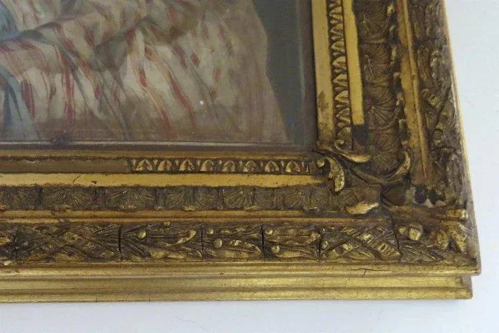 19th Century "Signing Wedding Certificate" French Watercolor Painting, Framed - 3