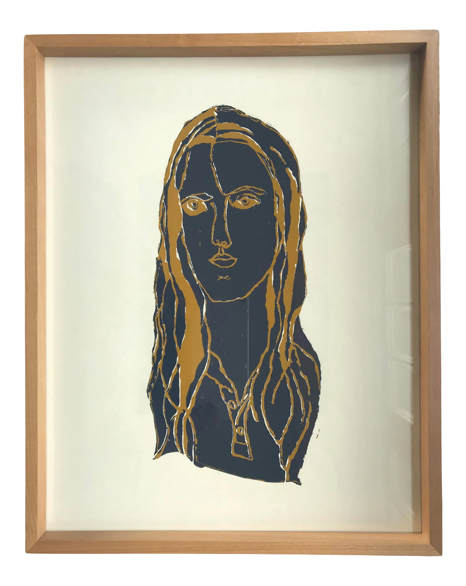 1970s "Navy Blue Girl" Figurative Serigraph, Framed: Original serigraph depicts a young woman with long hair, in shades of navy blue accented with gold or mustard yellow. Simple yet surprisingly expressive. Unsigned, circa 1970. Newly framed in a simple