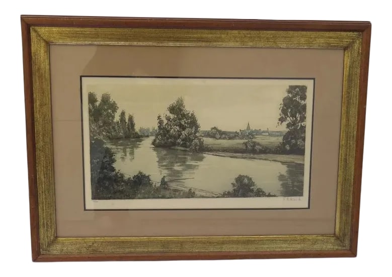 Late 20th Century Very Nice Signed Numbered Color Aquatint Etching Town River Fisherman Fishing (1 of 9)