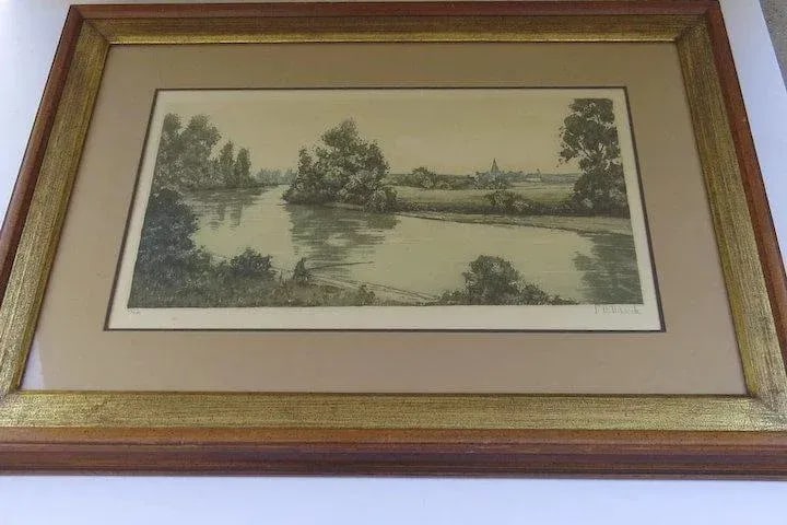 Late 20th Century Very Nice Signed Numbered Color Aquatint Etching Town River Fisherman Fishing - 3