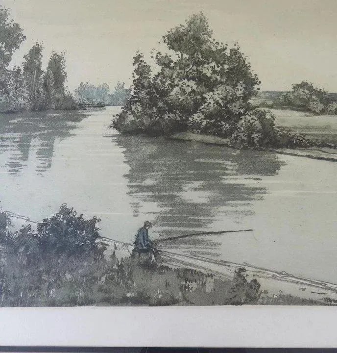 Late 20th Century Very Nice Signed Numbered Color Aquatint Etching Town River Fisherman Fishing - 5